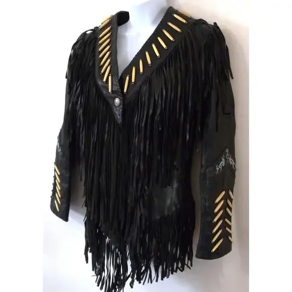 A. M. Bernardo Women's Black Leather Beaded Fringe Hippie Motorcycle Jacket XS - Picture 5 of 9